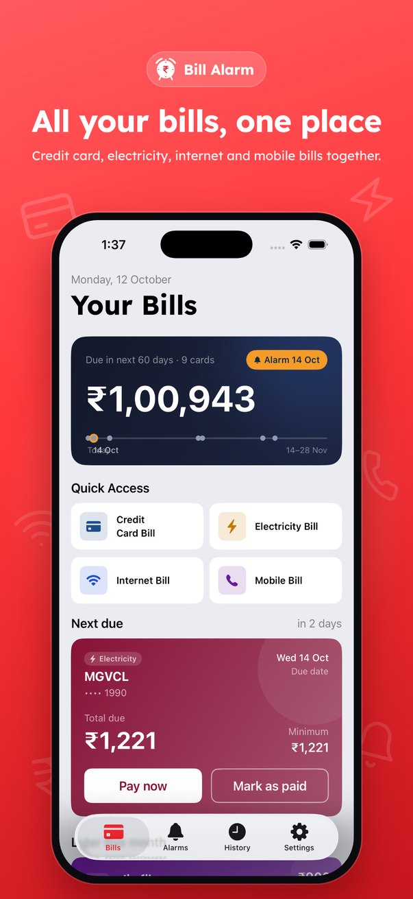 Bill Alarm home screen showing total due across bills and the next bill due
