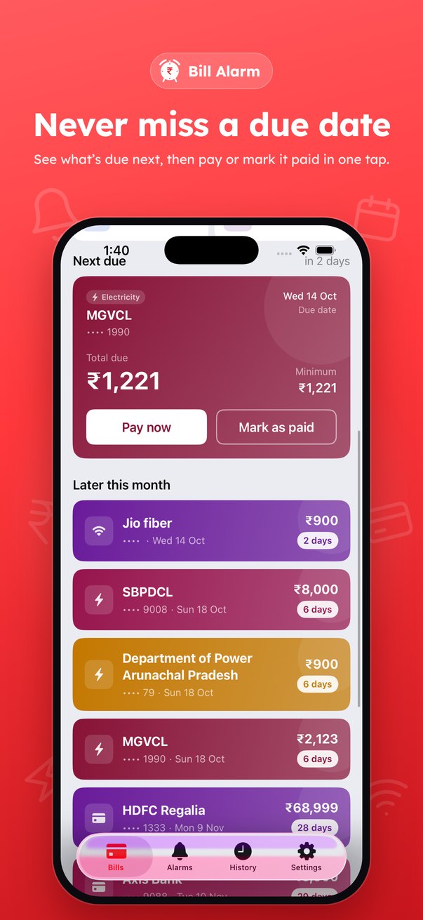 Never miss a due date: next bill due with Pay now and Mark as paid