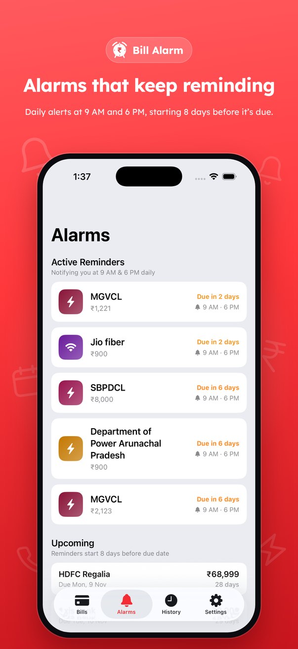 Alarms that keep reminding: active reminders at 9 AM and 6 PM