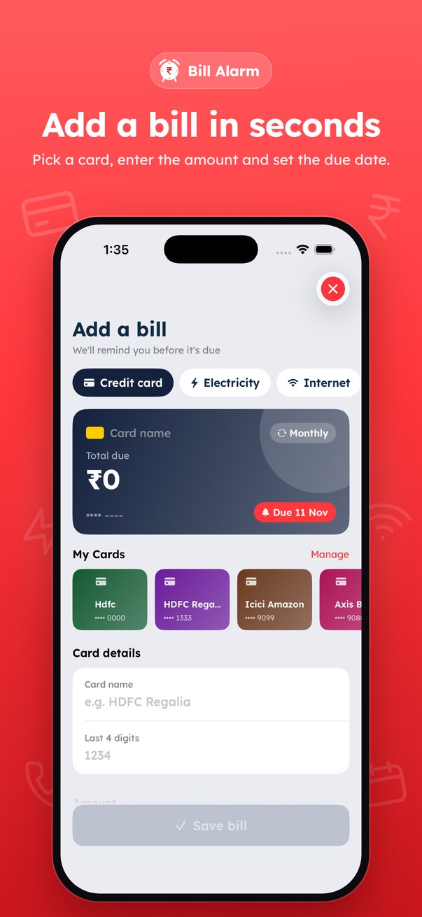 Add a bill in seconds: the Add a bill screen