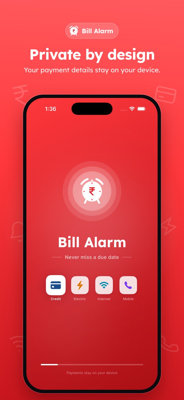 Private by design: Bill Alarm splash screen