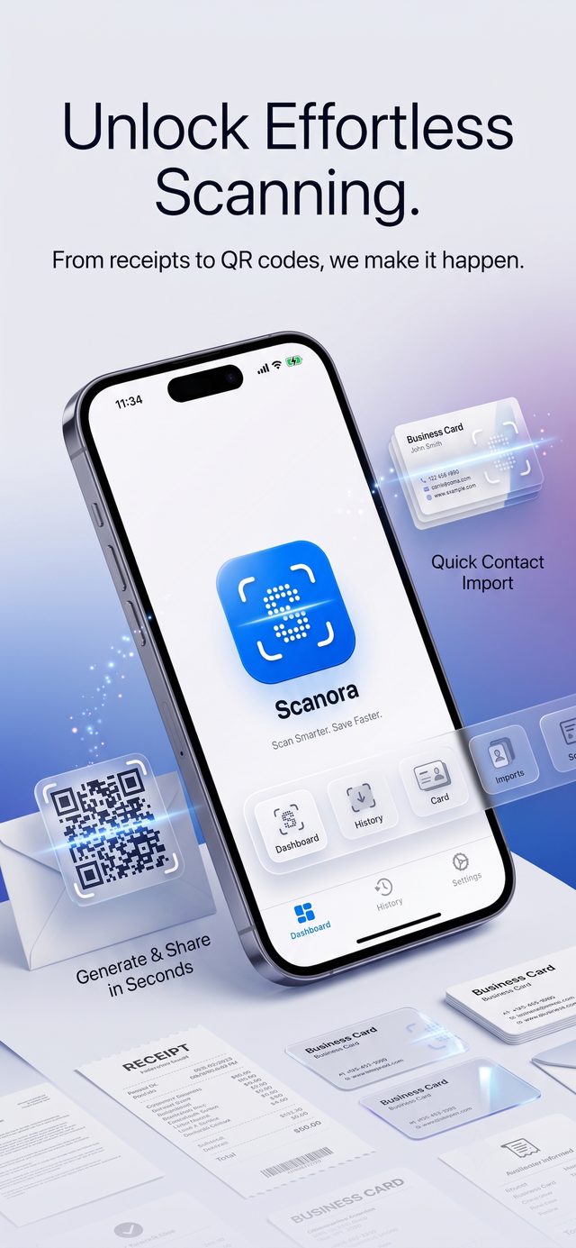 Scanora One home screen with scan, dashboard, history and card options