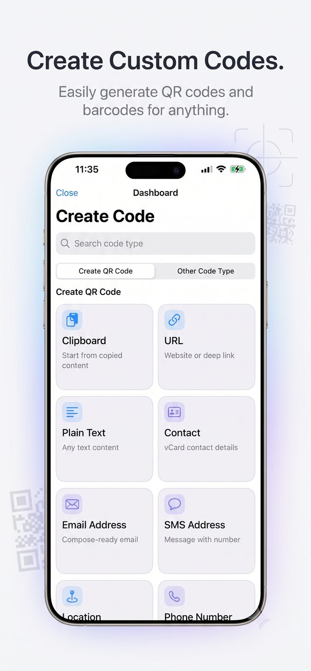 Create Code screen listing QR code types