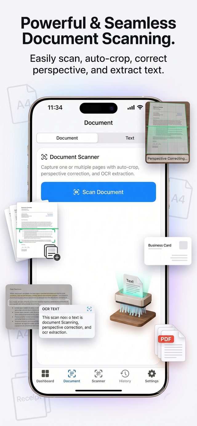 Document scanner screen with auto-crop and text extraction