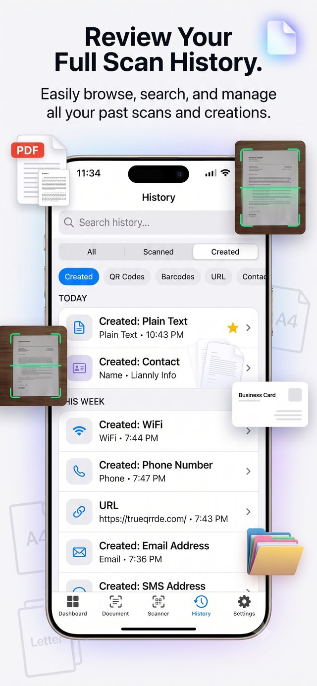 History screen listing past scans and created codes