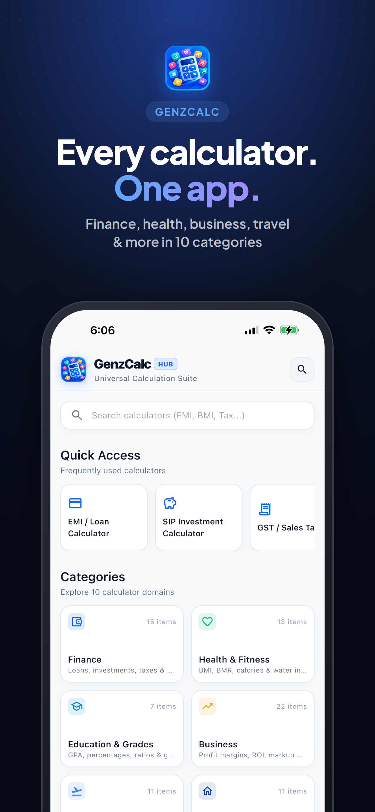 GenzCalc home screen with search, quick access and categories