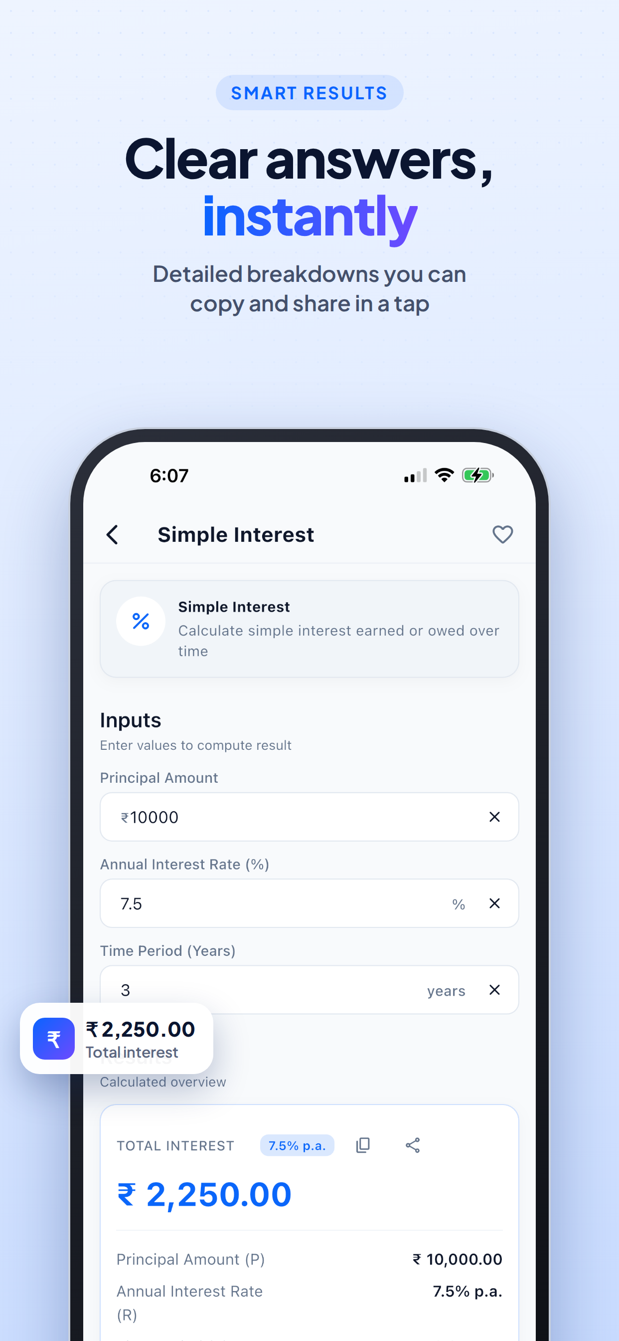 Simple interest result with copy and share