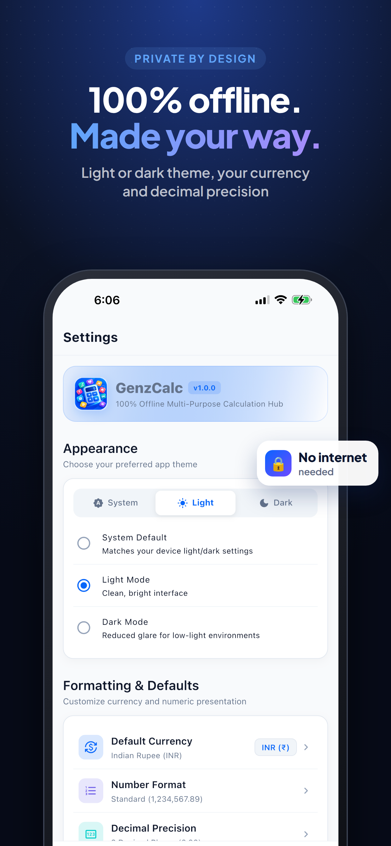Settings for theme, currency and precision