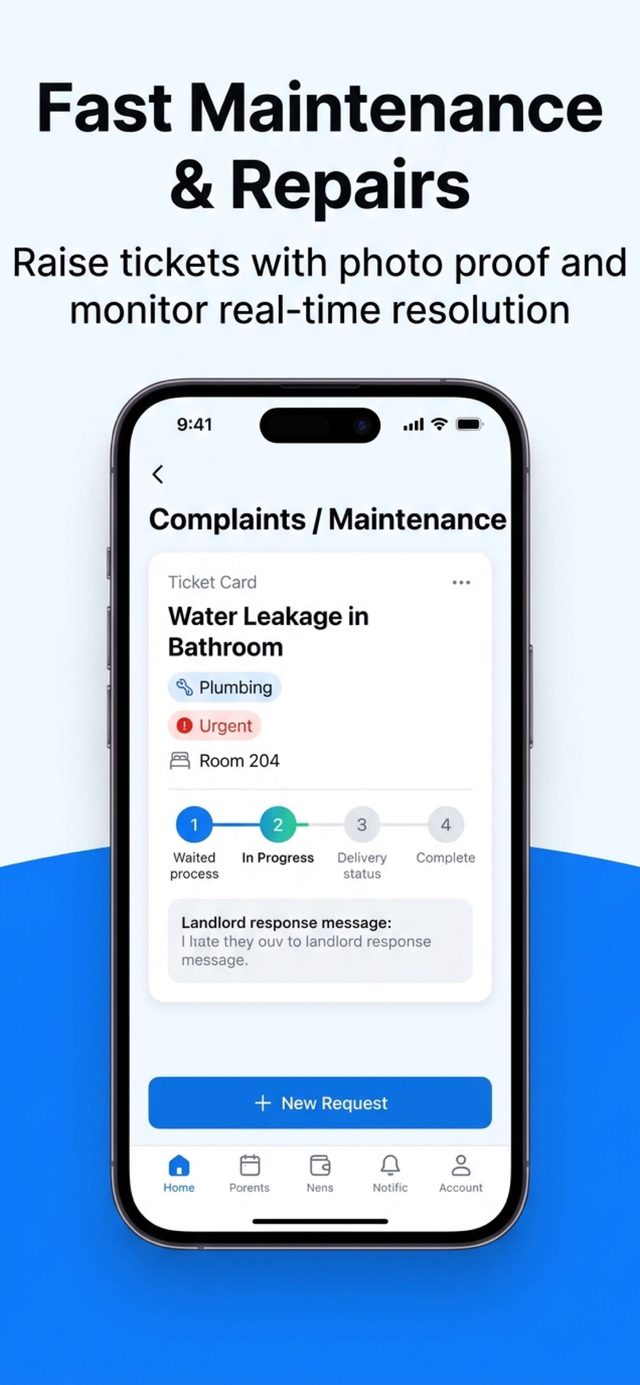 Maintenance ticket screen with a four-step progress tracker and landlord response