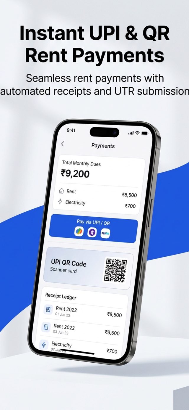 Payments screen with total monthly dues, pay via UPI or QR, and a receipt ledger