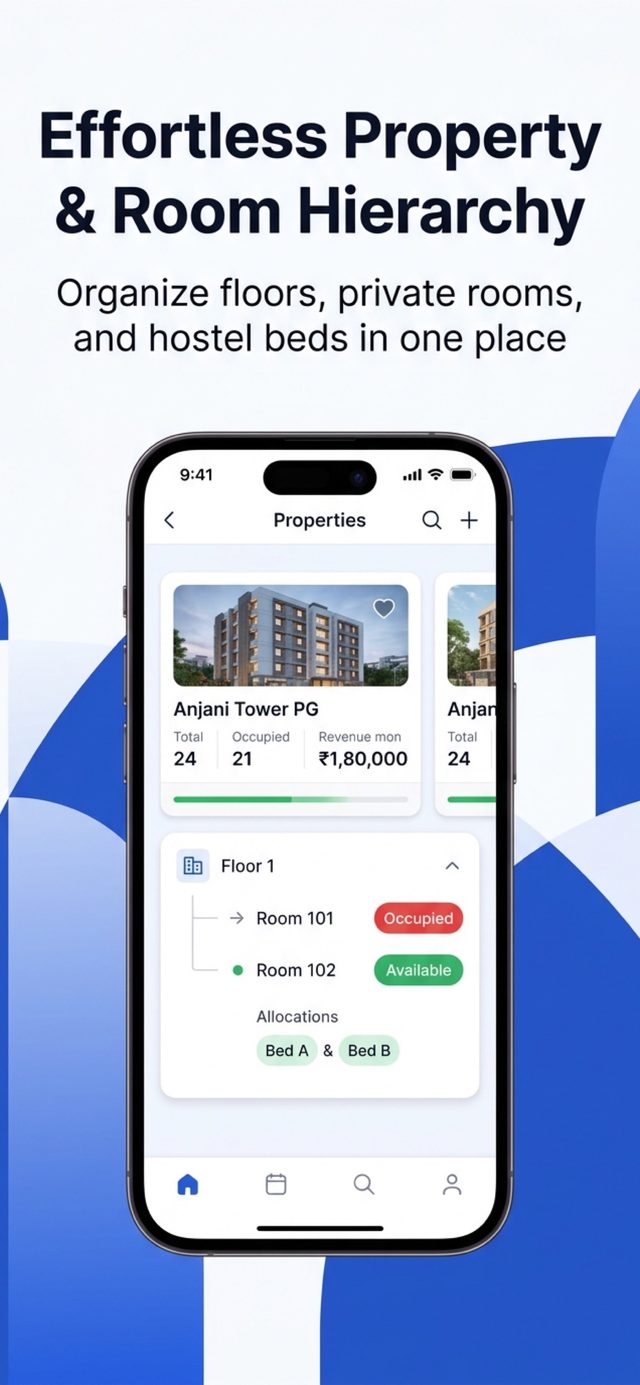 Properties screen showing a building card and a floor with rooms and bed allocations