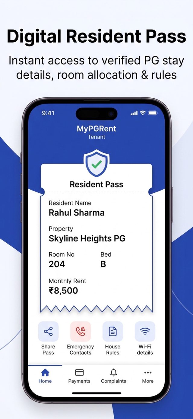 Digital resident pass showing name, property, room, bed, and monthly rent